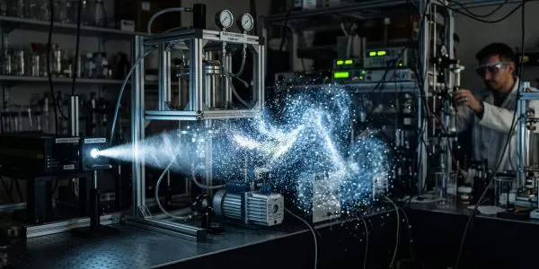A laser experiment throwing a spark cloud on an optics bench