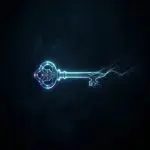 A glowing blue wireframe skeleton key with its end dissolving into scattered particles on a dark background.