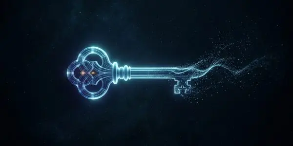 A glowing blue wireframe skeleton key with its end dissolving into scattered particles on a dark background.