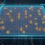 A glowing lattice of binary cells above a circuit board