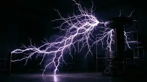 A dramatic display of purple and white electrical arcs crackle between metal structures in a darkened room