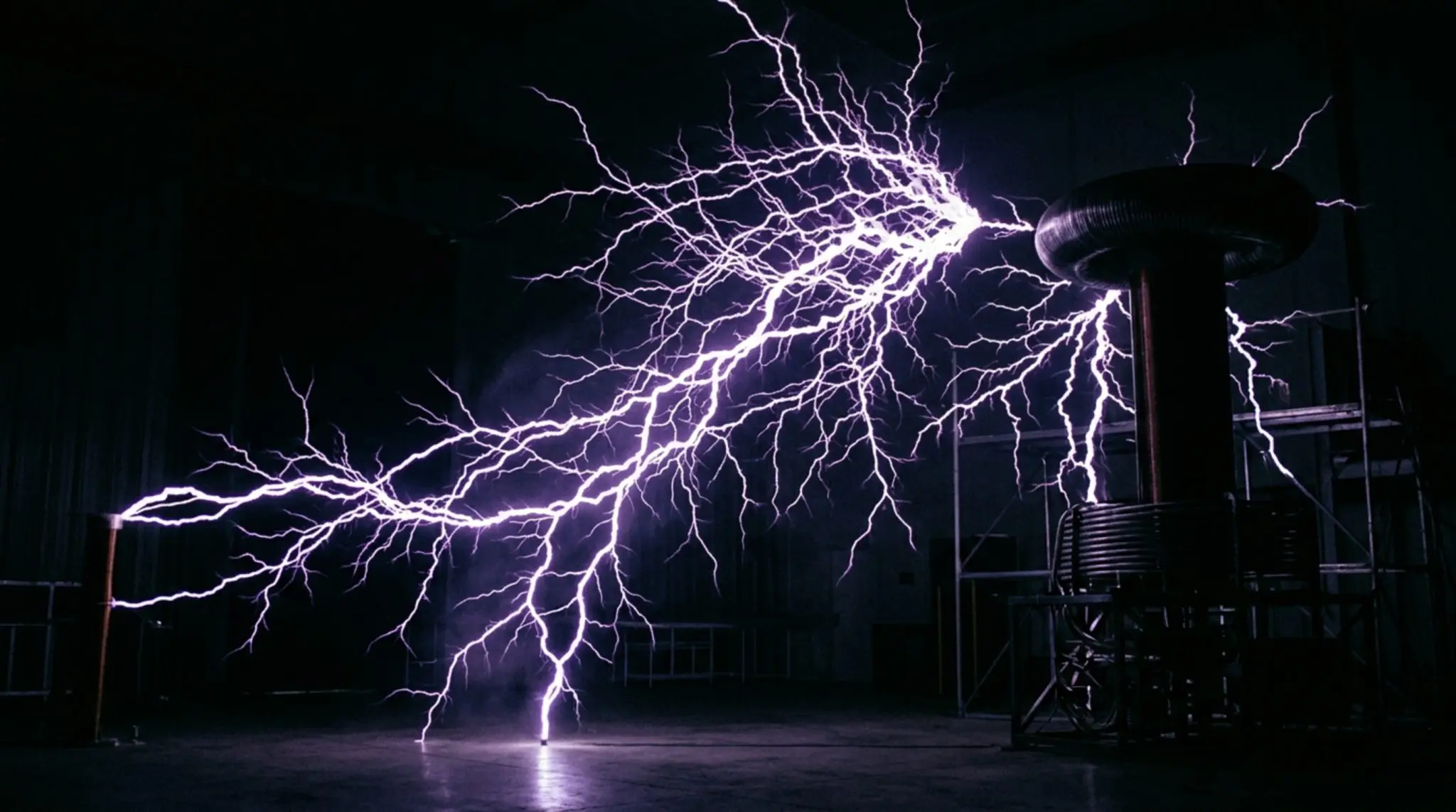 A dramatic display of purple and white electrical arcs crackle between metal structures in a darkened room