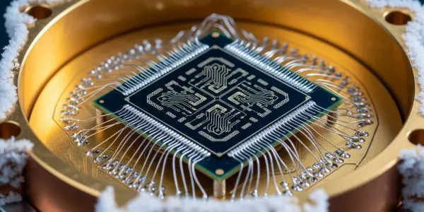 Superconducting quantum processor chip cooled to near absolute zero