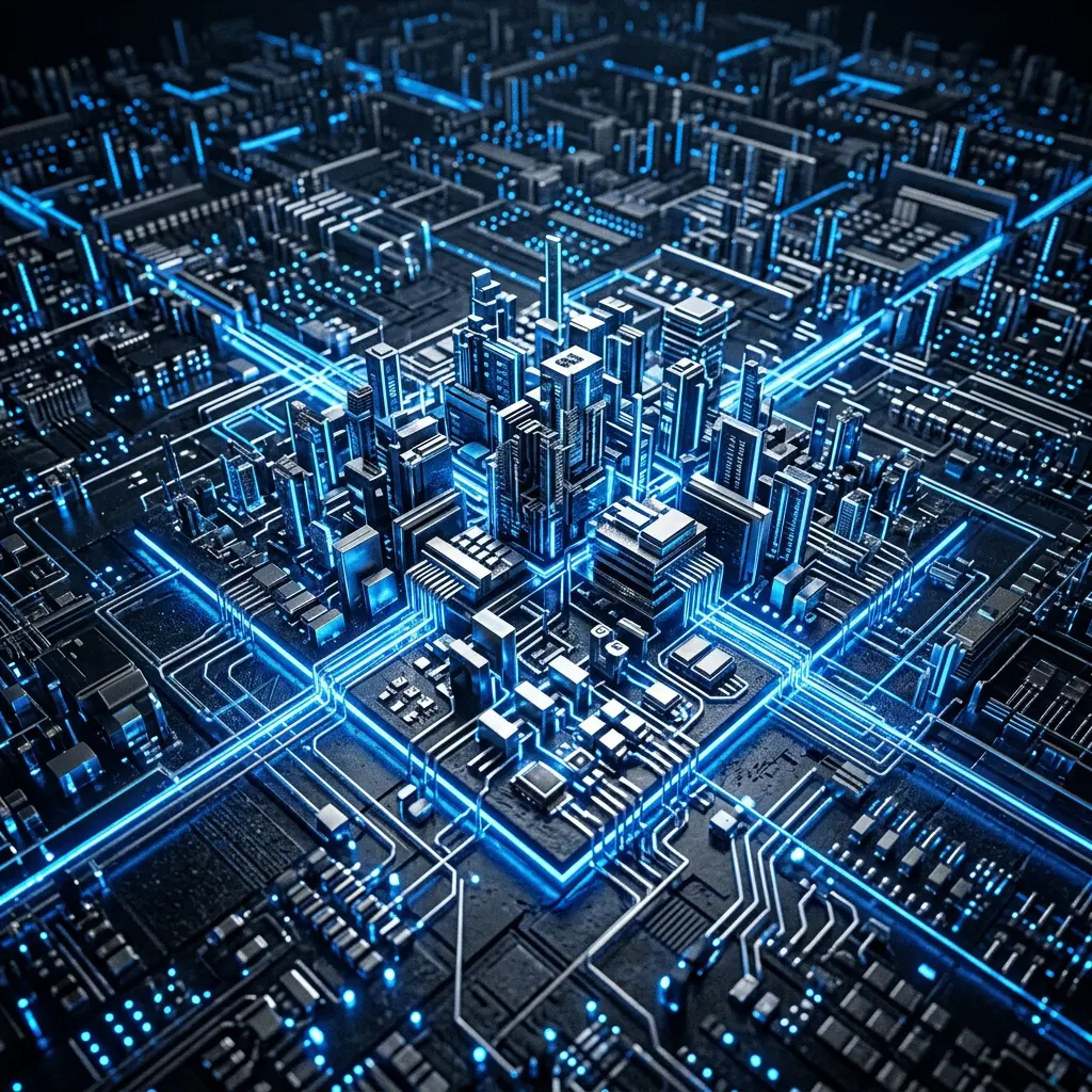 Nanoelectronics circuitry projected over a glowing futuristic city