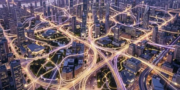Glowing data lines tracing streets and rooftops in a smart city