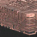 a dark block covered in raised copper traces stepping down in layers like a chip interconnect
