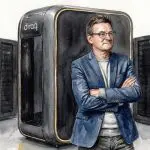 Watercolour illustration of Andrew Dzurak, founder of Diraq, arms folded in front of the company's concept rendering of a rack-sized quantum processing unit, which has not been built