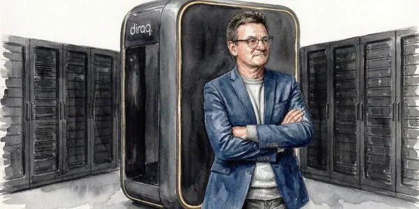 Watercolour illustration of Andrew Dzurak, founder of Diraq, arms folded in front of the company's concept rendering of a rack-sized quantum processing unit, which has not been built