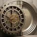 A heavy circular bank vault door