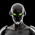 Stylised humanoid robot with green eyes