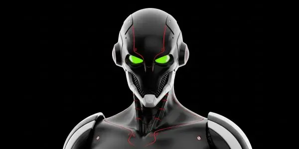 Stylised humanoid robot with green eyes