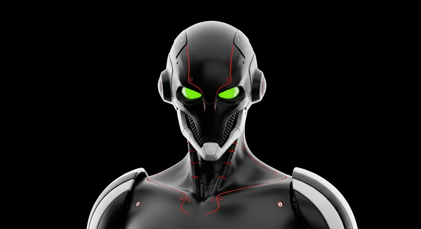 Stylised humanoid robot with green eyes