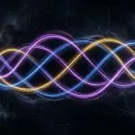 Three coloured strands winding around one another in a continuous braid
