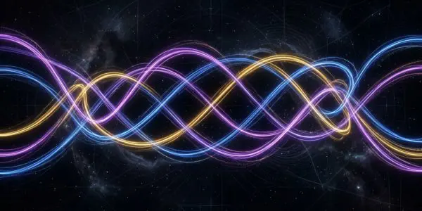 Three coloured strands winding around one another in a continuous braid