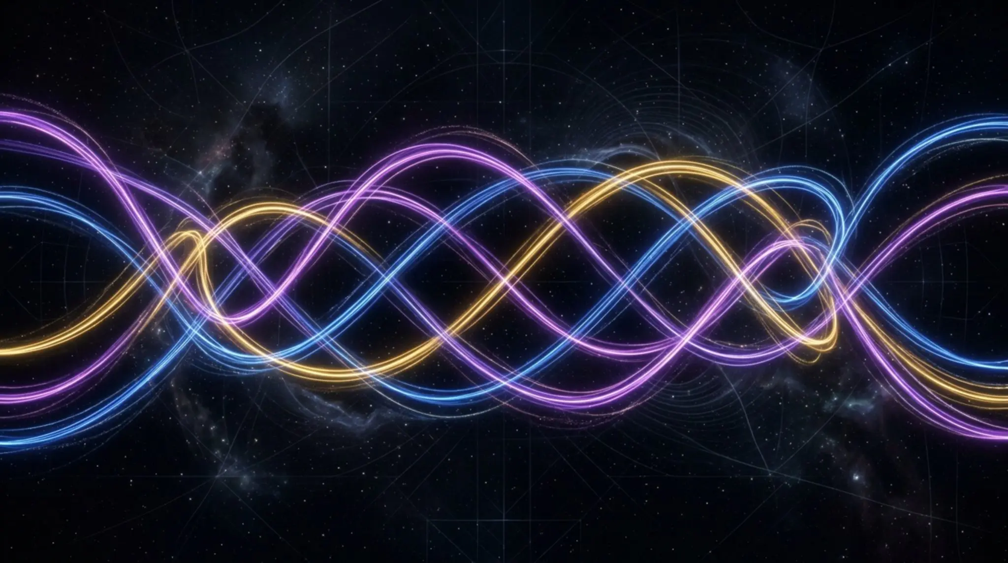 Three coloured strands winding around one another in a continuous braid