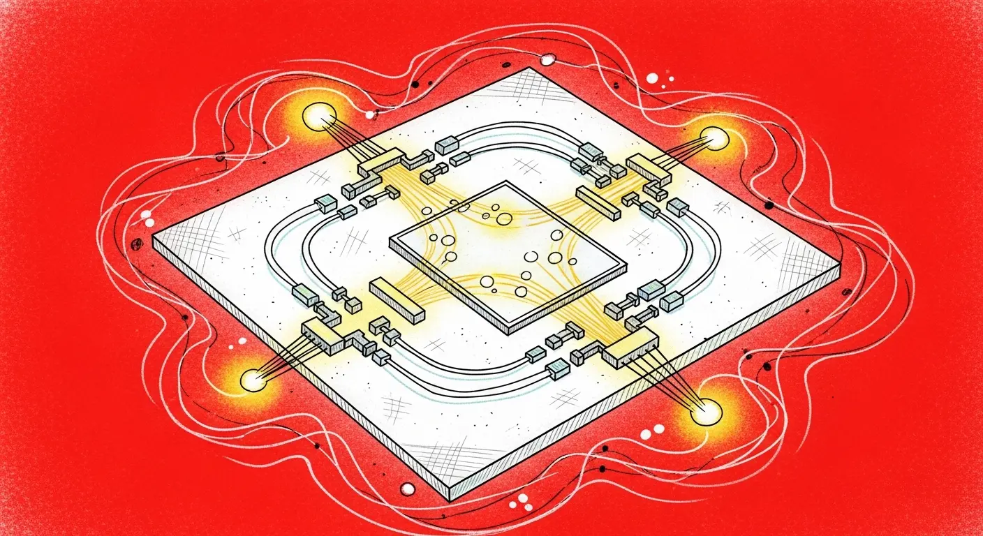 Stylized quantum processor with glowing nodes and looping connections on red