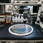 A silicon wafer on a laboratory bench