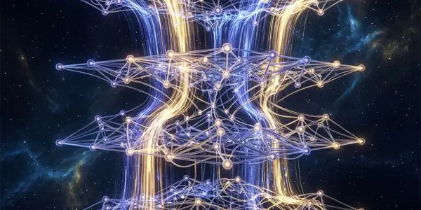 Multi-layer tensor-network lattice rendered against a nebula