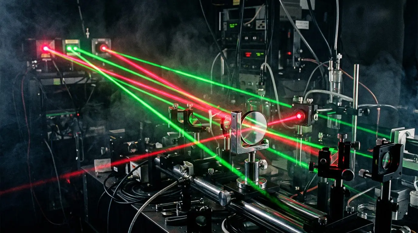 Red and green laser beams crossing an optical bench
