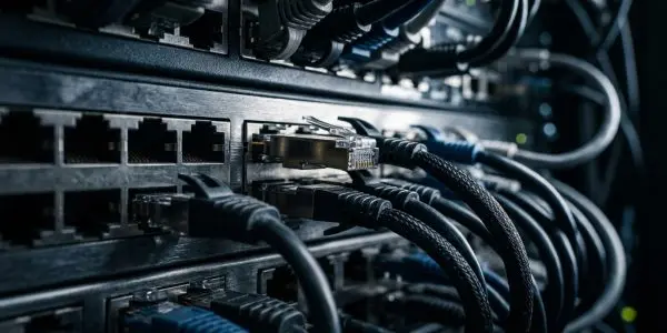 A close-up of a network switch with numerous ethernet cables connected, set in a dark server room with blue and silver tones.