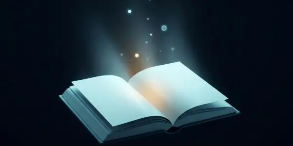Open book glowing with rising particles of light