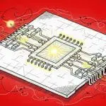 Stylized processor chip emitting glowing light particles on a red background