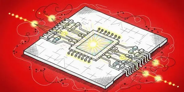 Stylized processor chip emitting glowing light particles on a red background