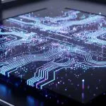 Isometric quantum chip with glowing traces