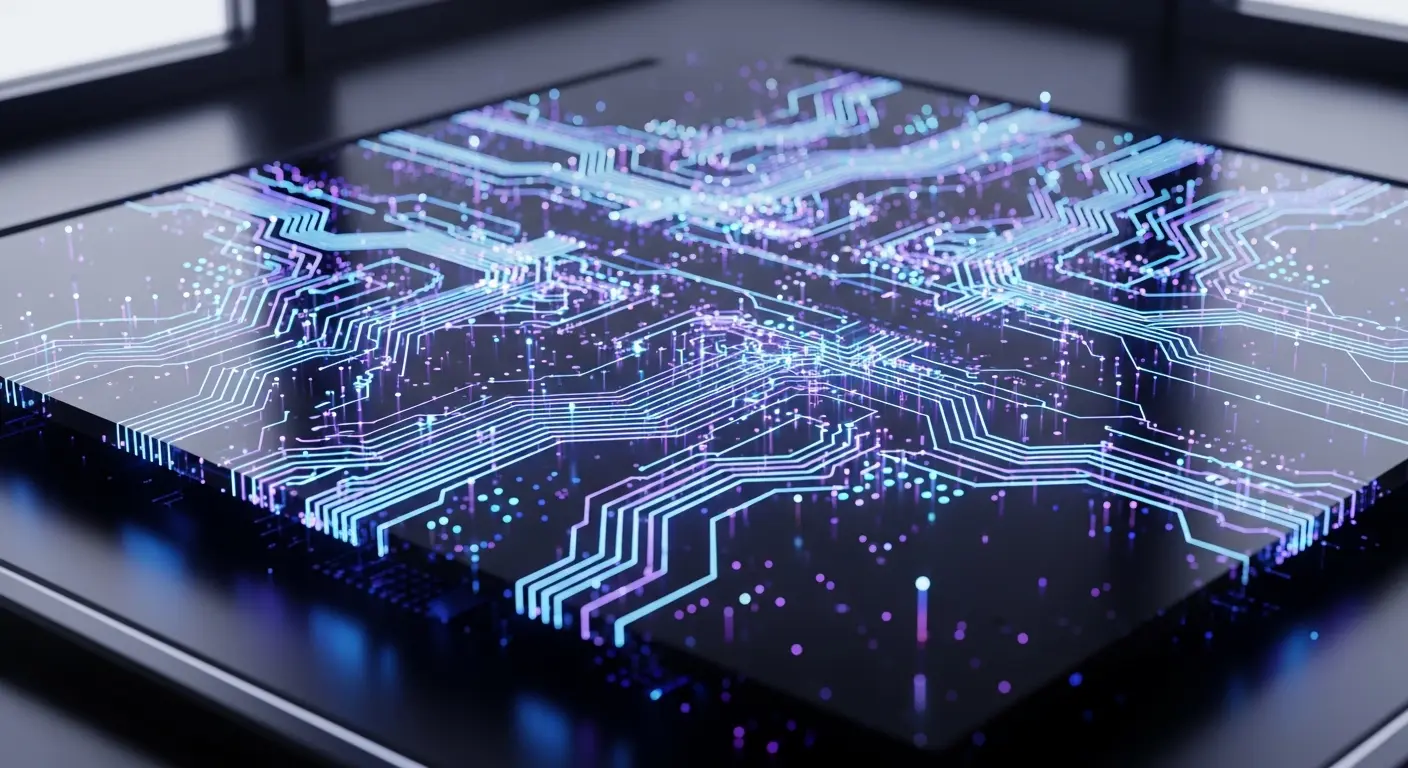 Isometric quantum chip with glowing traces