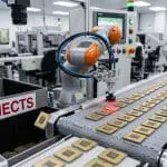 Chips on a production line beside a rejects bin