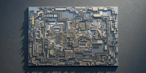 A complex microchip is presented on a dark, textured surface, illuminated by soft lighting, with silver and grey tones dominating.