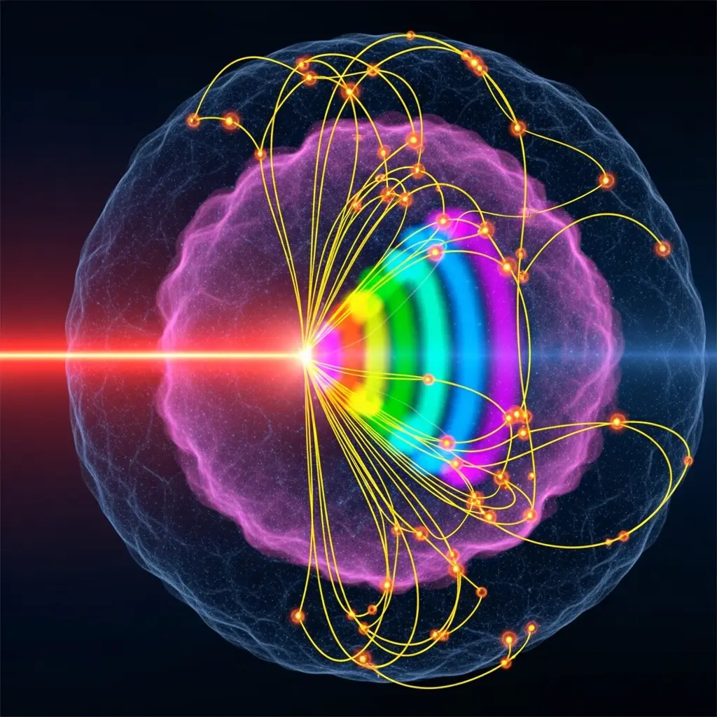 Laser beam interacting with atomic cloud producing harmonic light bursts, overlaid attention-like glowing connections highlighting specific quantum trajectories