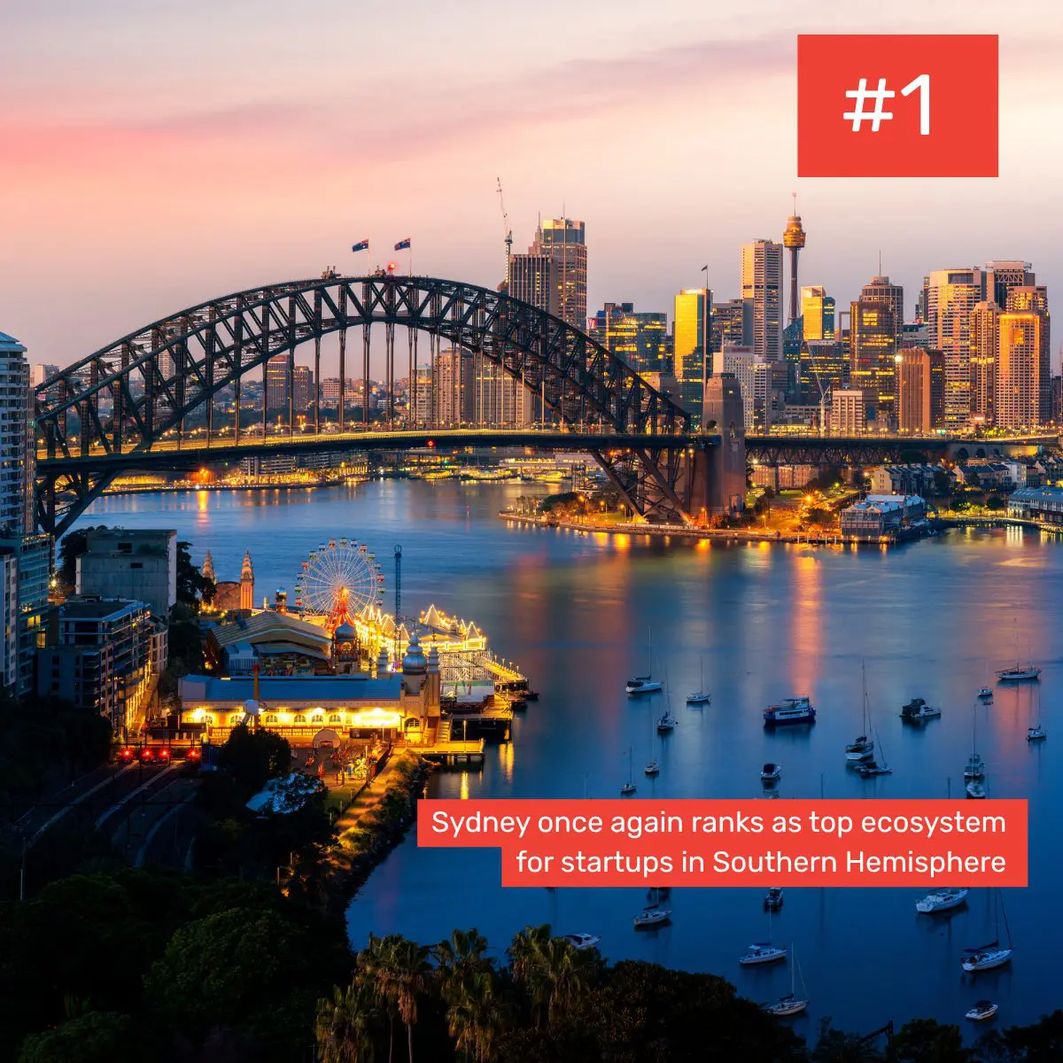 Sydney Harbour at sunset with a graphic #1 and text