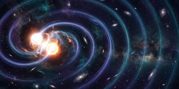A swirling, colourful cosmic scene displays merging neutron stars amidst galaxies, with dominant hues of blue, purple, and orange