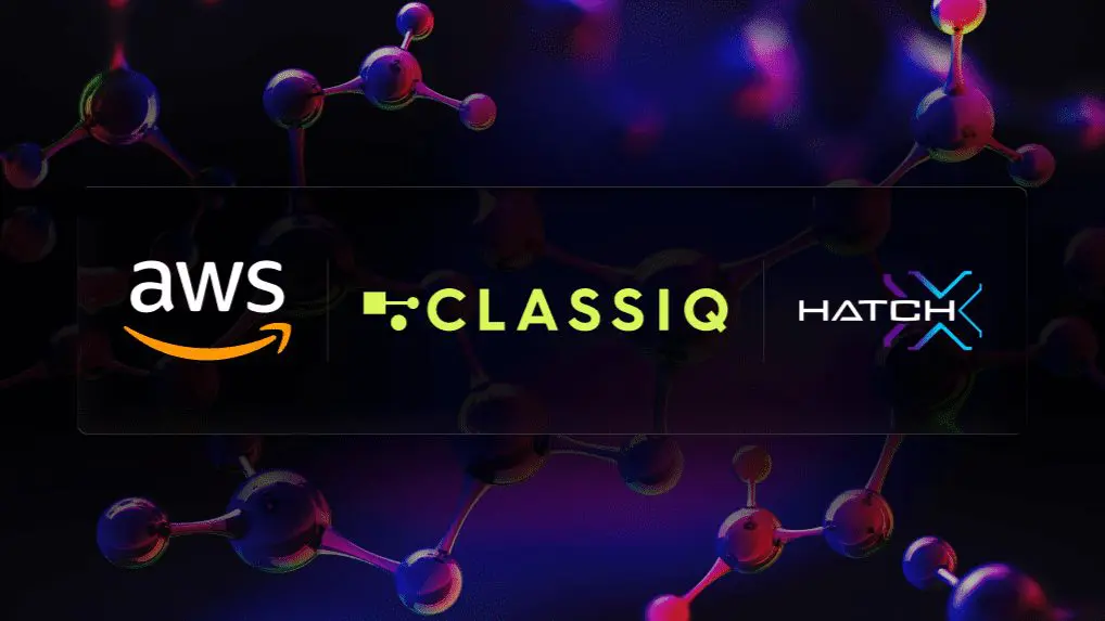 The image displays a dark background with glowing molecular structures and logos of AWS, ClassIQ, and Hatch, creating a vibrant visual effect.
