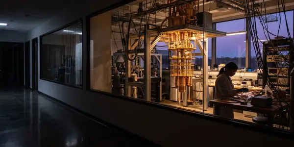 a gold dilution refrigerator seen through a lab window at dusk with a researcher at a bench