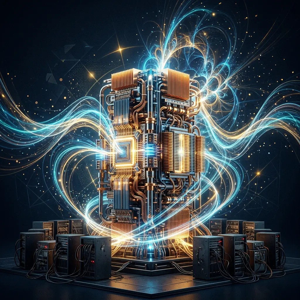 Central quantum compute unit surrounded by classical racks