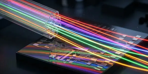A circuit board glows with vibrant rainbow light streaks against a dark background, suggesting advanced data transmission or processing.