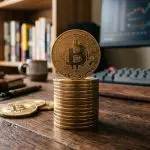 A stack of bitcoin on a desk