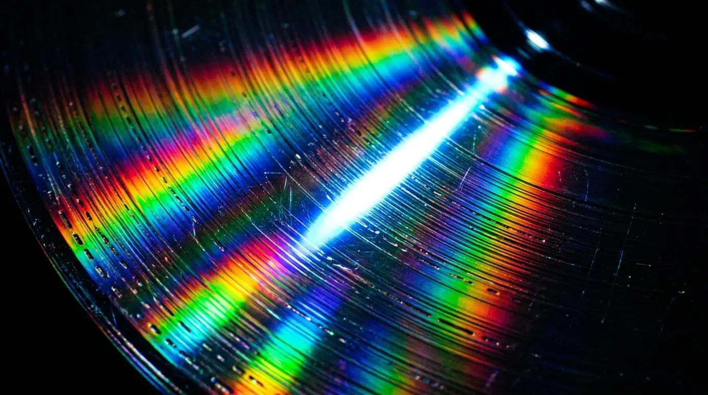 A close-up of a circular disc displays vibrant rainbow colours reflecting light against a dark background