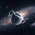Bertrand Russell teapot floating against a spiral galaxy