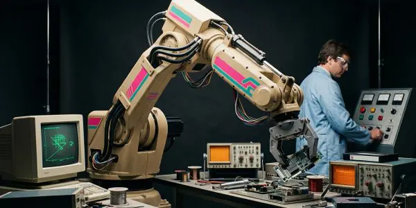An industrial robot arm on a bench beside an operator