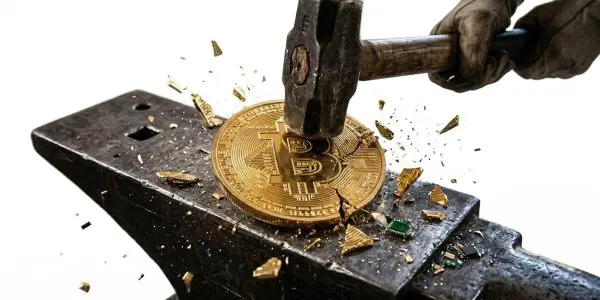 quantum resistant bitcoin, a bitcoin coin struck by a hammer on an anvil