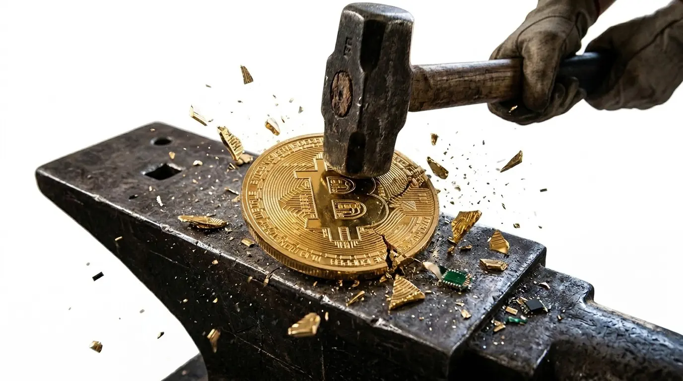 quantum resistant bitcoin, a bitcoin coin struck by a hammer on an anvil