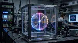 A transparent cube containing a glowing blue and white globe is displayed on a laboratory table with various equipment.