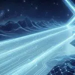 A beam of light running across a wireframe landscape