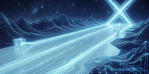 A beam of light running across a wireframe landscape