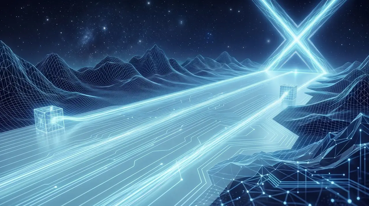 A beam of light running across a wireframe landscape