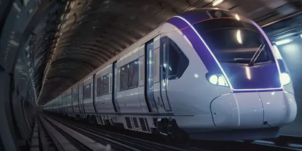 Modern white and blue subway train moving through a dimly lit underground tunnel