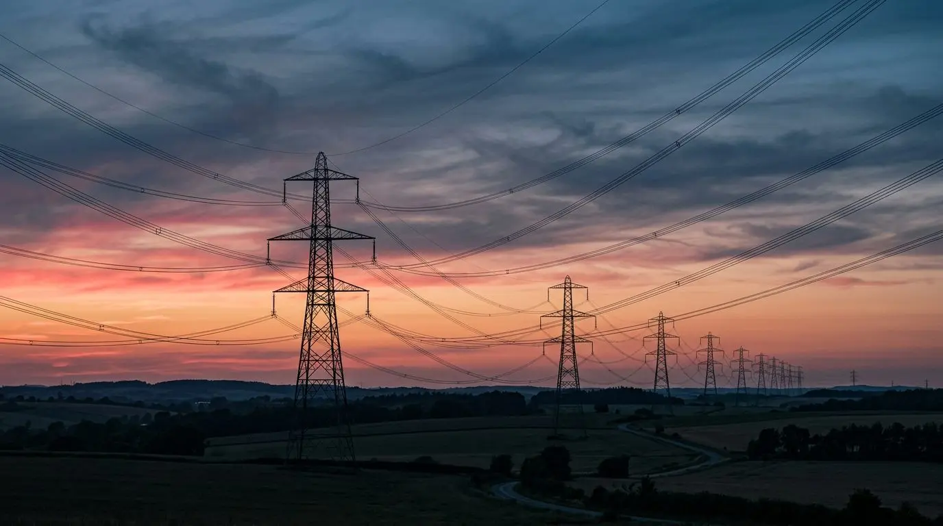 Transmission pylons receding across fields at dusk